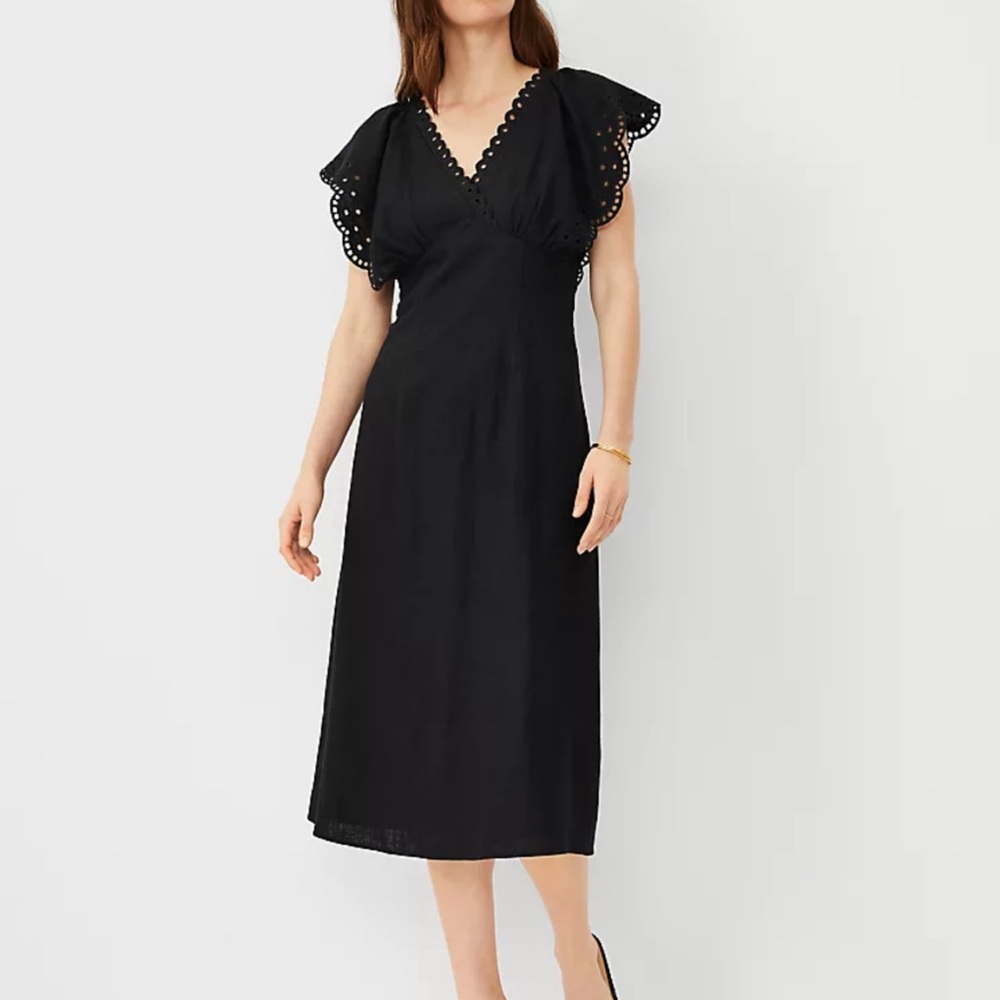 Ann Taylor Embroidered V-Neck Black Midi Dress
